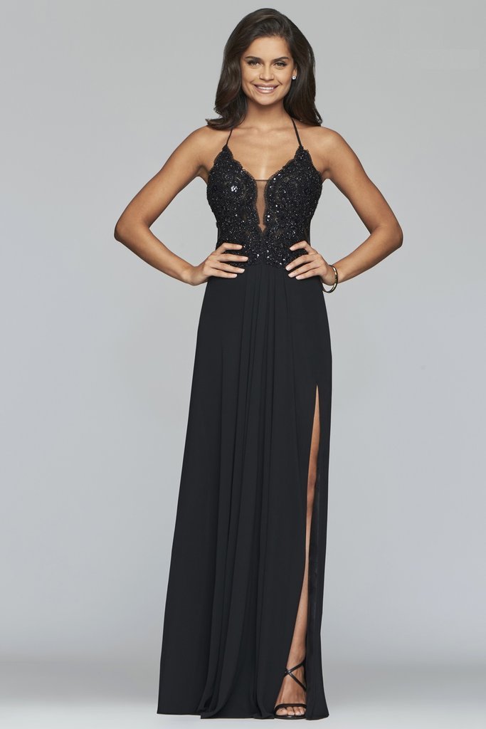 Faviana  - S10228 Beaded Scallop Lace Halter Chiffon A Line Dress In Black
