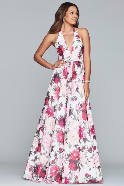 Faviana - Floral Halter A-Line Evening Gown S10278 In White and Red