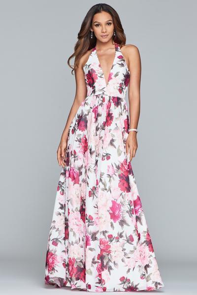 Faviana - Floral Halter A-Line Evening Gown S10278 In White and Red