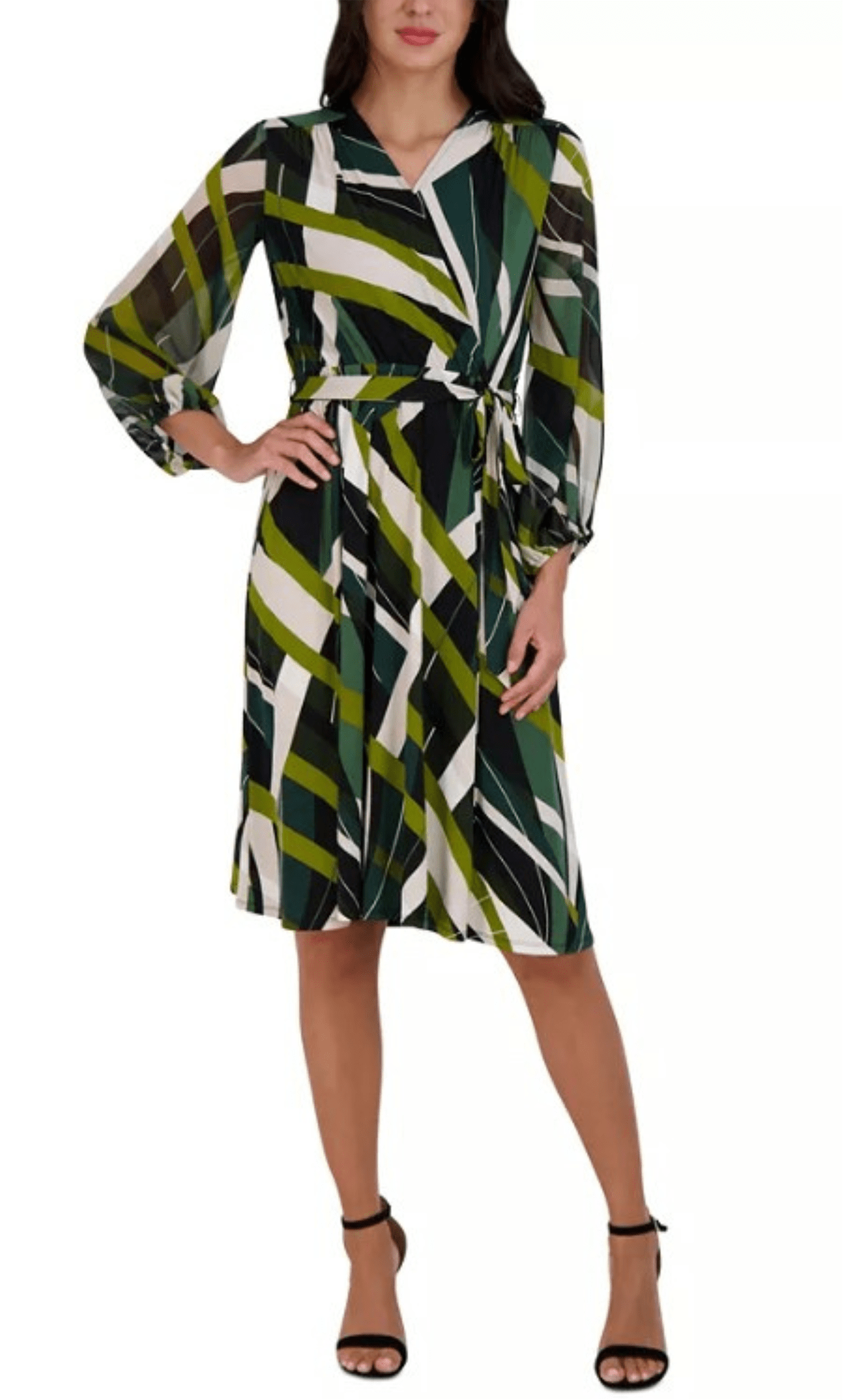 Sandra Darren 75766 - Multi Print Long Sleeve Short Dress Cocktail Dresses XS / Green Taupe