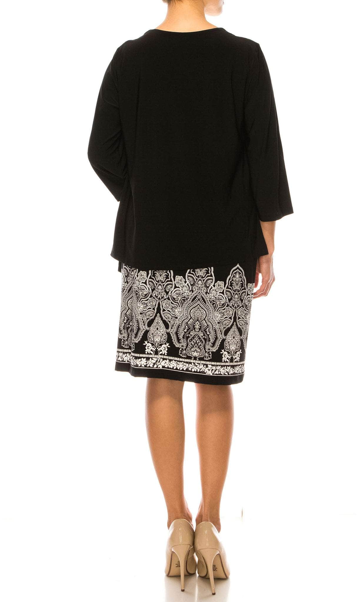 Sandra Darren 76041 - Short Jersey Sheath Dress - Open Front Jacket, Long Sleeves, Enclosed Back, Tribal Print S / Black White Sandra Darren 76041 - Short Jersey Sheath Dress - Open Front Jacket, Long Sleeves, Enclosed Back, Tribal Print S / Black White