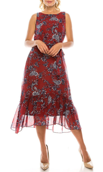 Sandra Darren - 73103 Sleeveless Floral Print Tea-Length Dress In Red