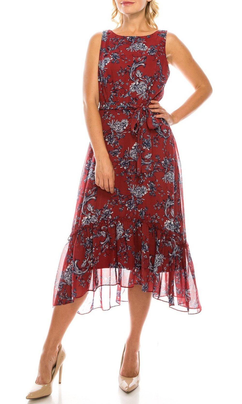 Sandra Darren - 73103 Sleeveless Floral Print Tea-Length Dress In Red