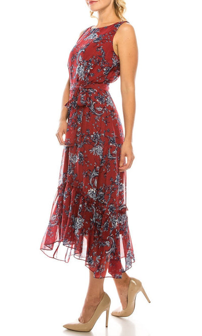 Sandra Darren - 73103 Sleeveless Floral Print Tea-Length Dress In Red