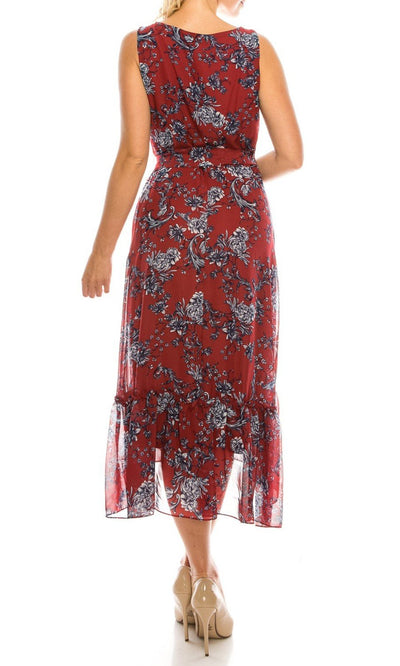 Sandra Darren - 73103 Sleeveless Floral Print Tea-Length Dress In Red