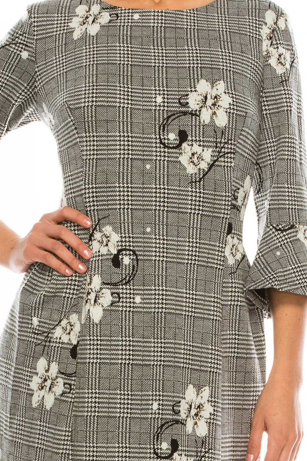 Sandra Darren - 73261 Bell Sleeve Floral Plaid A-Line Dress In Black and White