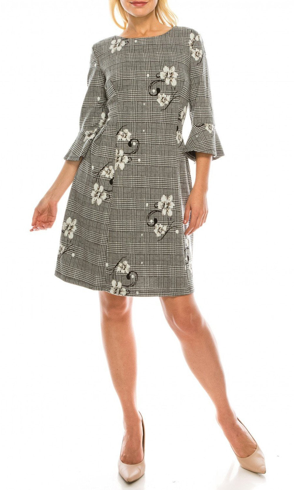 Sandra Darren - 73261 Bell Sleeve Floral Plaid A-Line Dress In Black and White