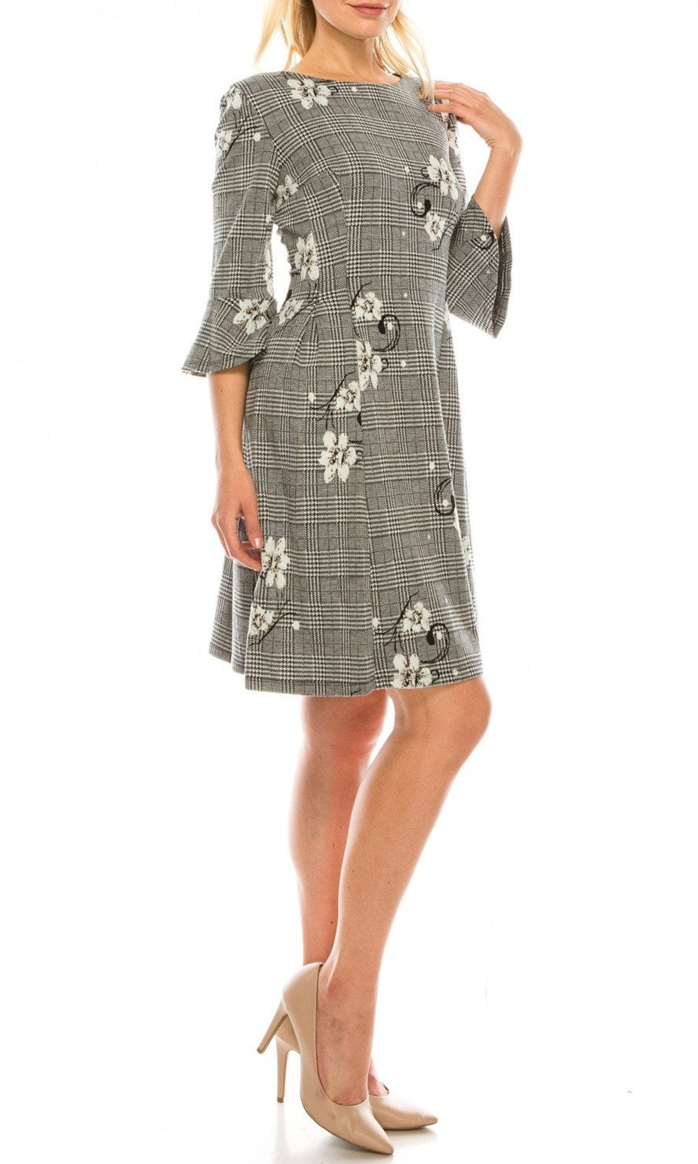 Sandra Darren - 73261 Bell Sleeve Floral Plaid A-Line Dress In Black and White