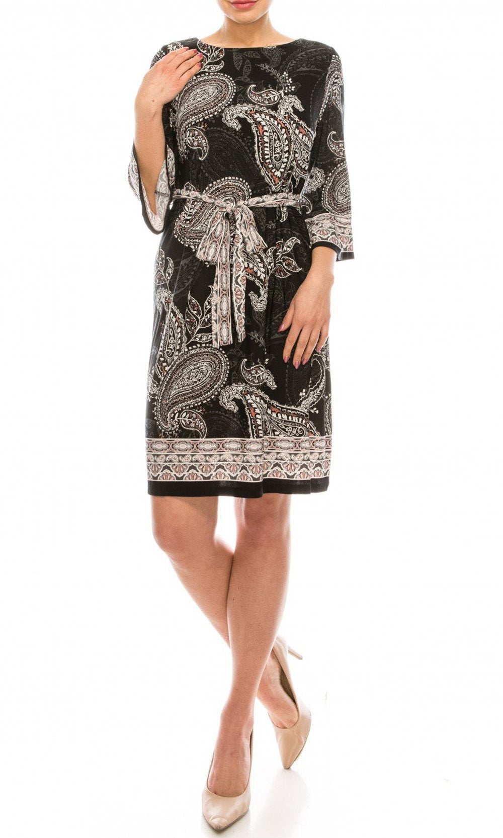 Sandra Darren - 73367 Quarter Sleeve Paisley Print Jersey Dress In Black and Gray