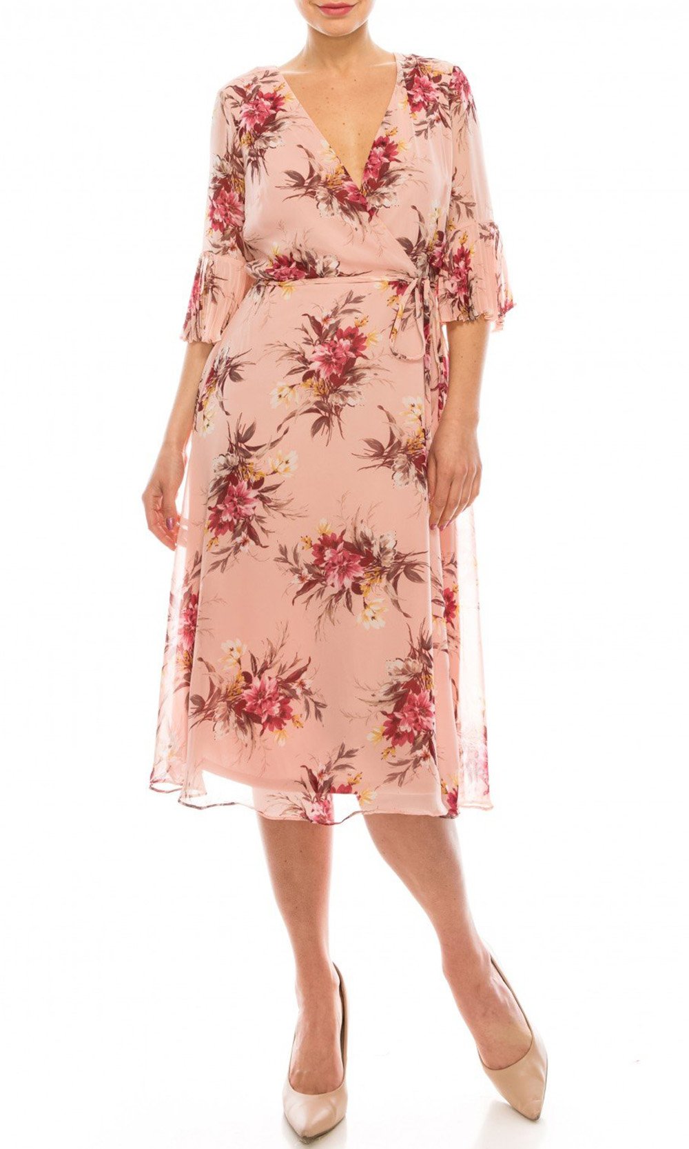 Sandra Darren - 73699 Flounce Sleeve Rose Print Chiffon Dress In Pink and Floral