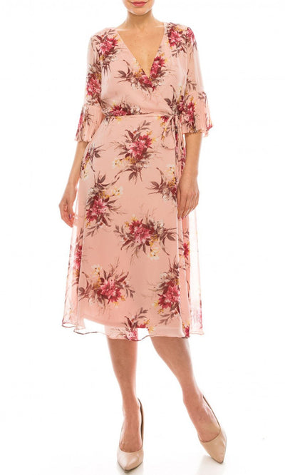 Sandra Darren - 73699 Flounce Sleeve Rose Print Chiffon Dress In Pink and Floral