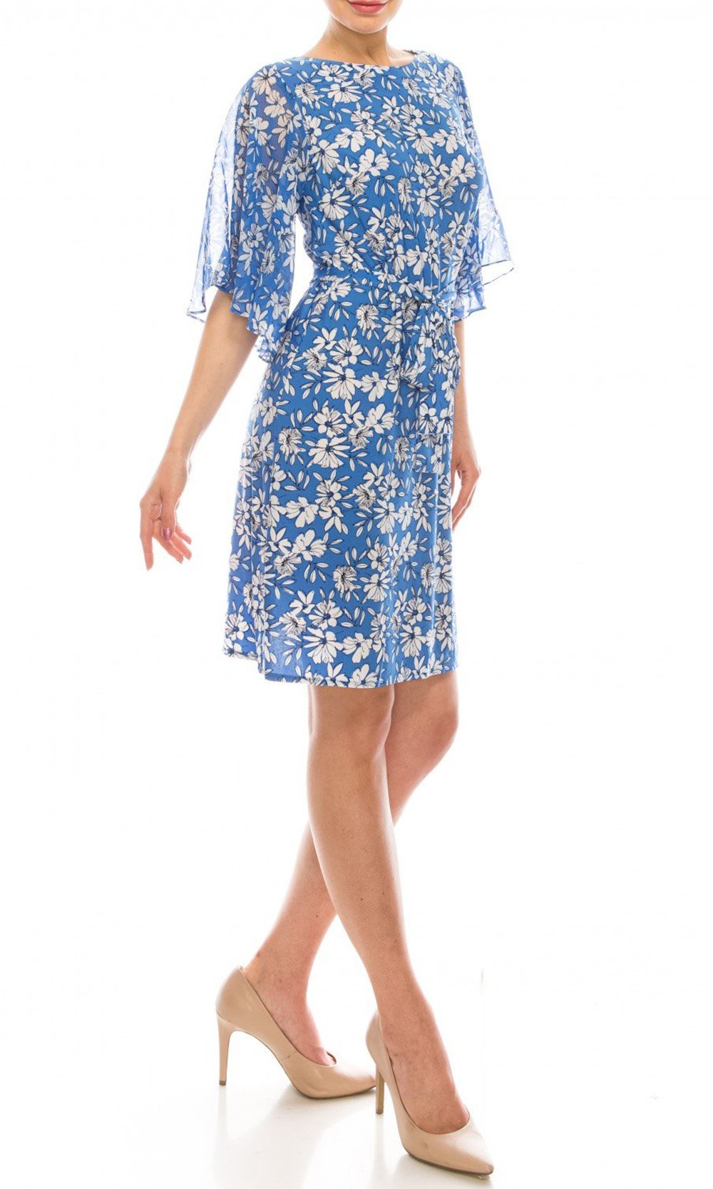 Sandra Darren - 73786 Butterfly Sleeve Floral Chiffon Dress In Blue and Orange