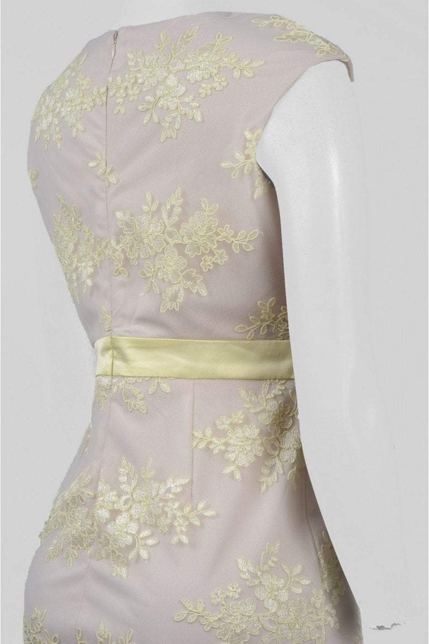 Sangria - DBLU929 Embroidered V-neck Sheath Dress in Neutral and Yellow