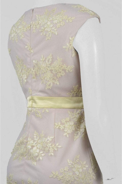 Sangria - DBLU929 Embroidered V-neck Sheath Dress in Neutral and Yellow