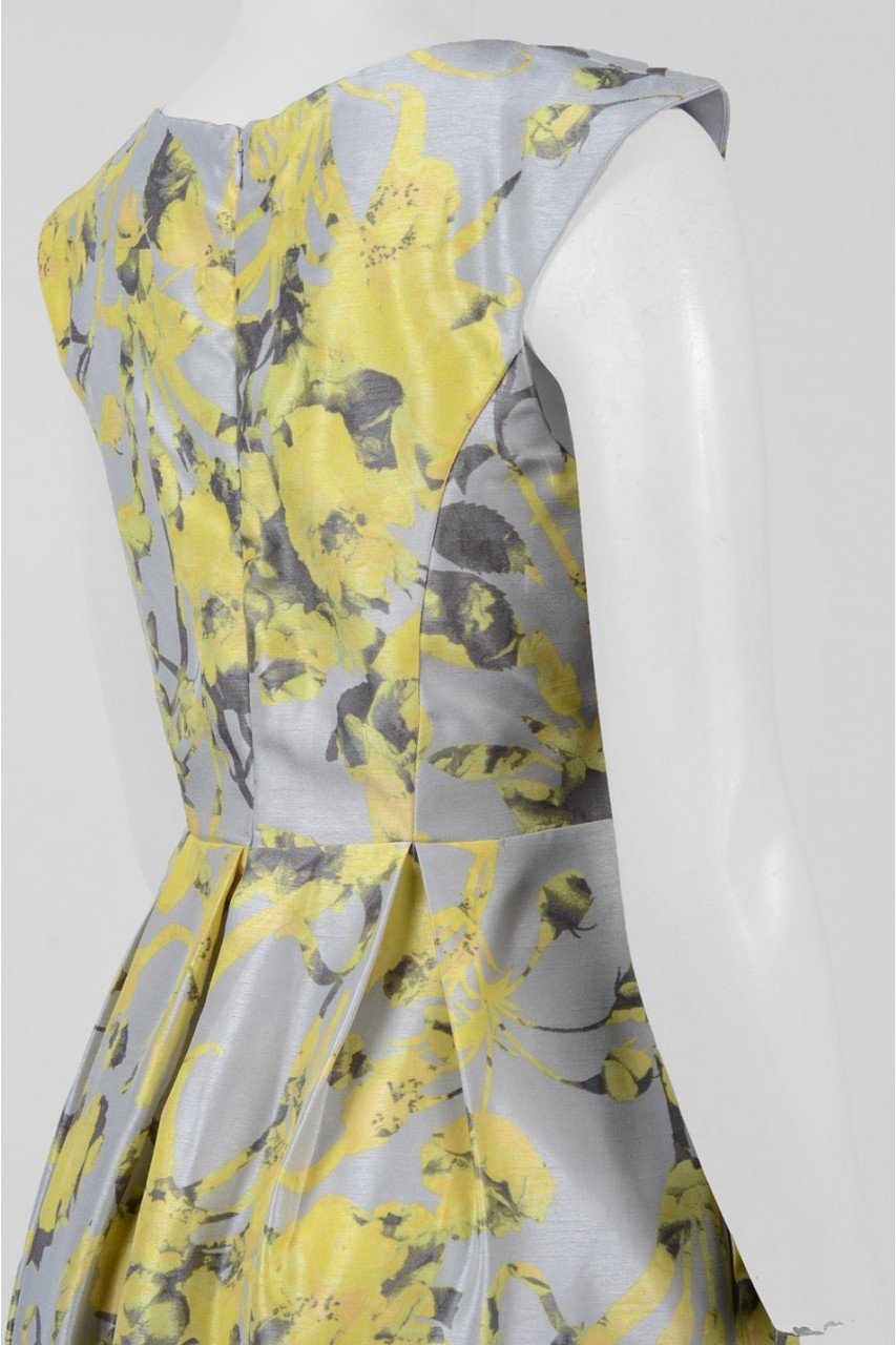 Sangria - SBHW964 Cap Sleeve Floral Shantung Dress in Yellow and Floral