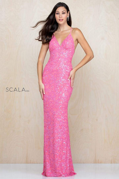 Scala - 47542SC Spaghetti Strap Sequined Sheath Dress