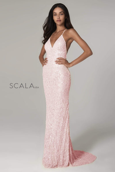 Scala - 47542 Full Sequins Strapless V Neck Open Back Sheath Gown Special Occasion Dress