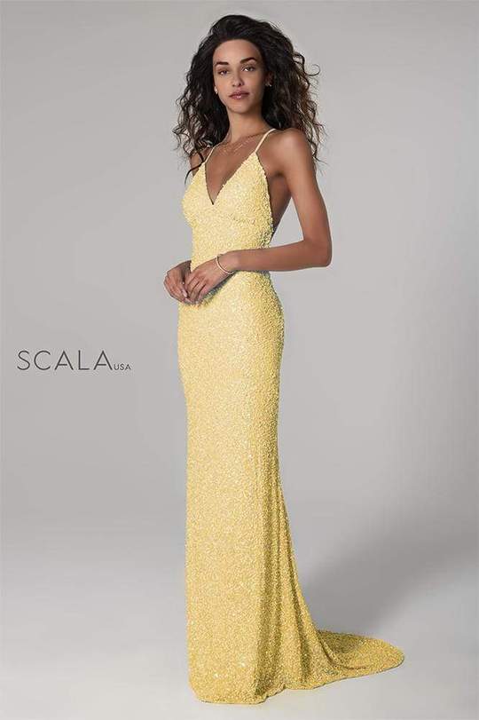 SCALA - 47551SC Body Hugging Open Back Long Gown In Yellow  