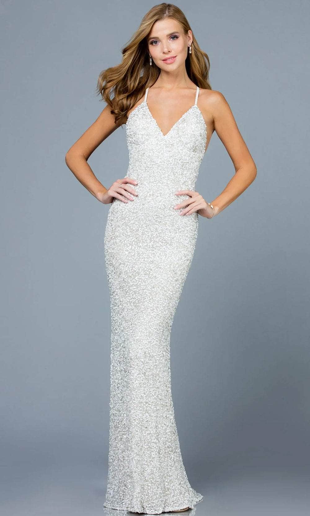 Scala - 47551 Full Sequins Open Back Fitted Evening Gown Special Occasion Dress 00 / Ivory