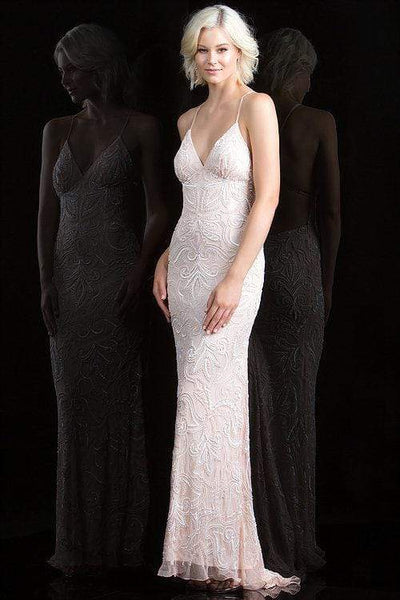 Scala - 48557 Lace Plunging V-neck Sheath Dress Special Occasion Dress 00 / Ivory/Blush