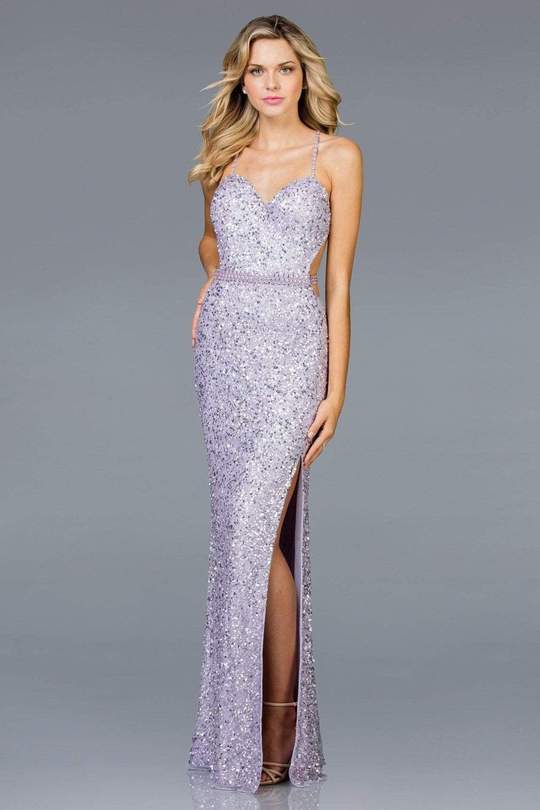 SCALA - 48931SC Sweetheart Sexy Sequined Slit Gown In Purple