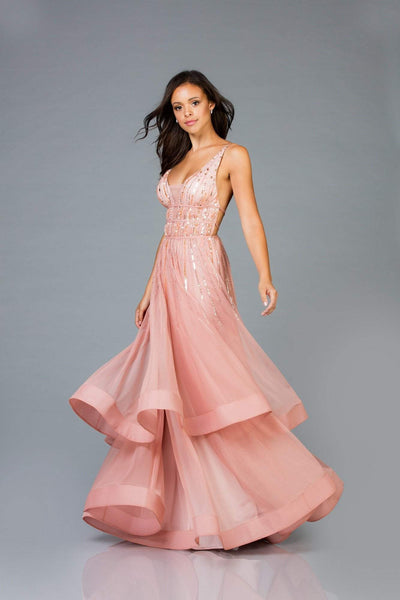 Scala - 48947 Sequined Deep V-neck Tiered A-line Dress Special Occasion Dress 0 / New Rose
