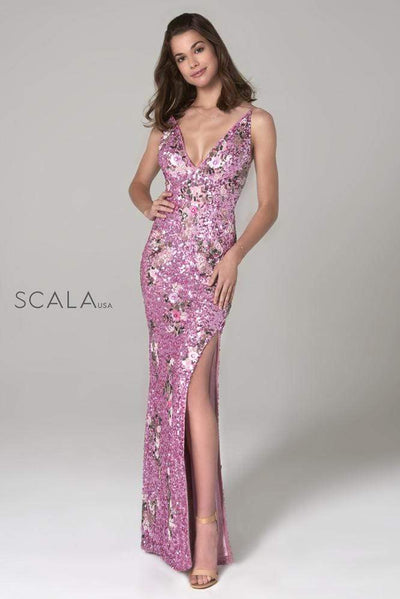 Scala - 48965 Floral Sequined Deep V-neck Sheath Dress Special Occasion Dress 00 / Mauve Multi