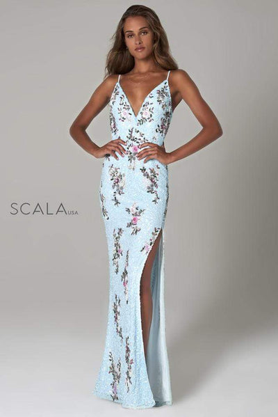 Scala - 48965 Floral Sequined Deep V-neck Sheath Dress Special Occasion Dress 00 / Sky Multi