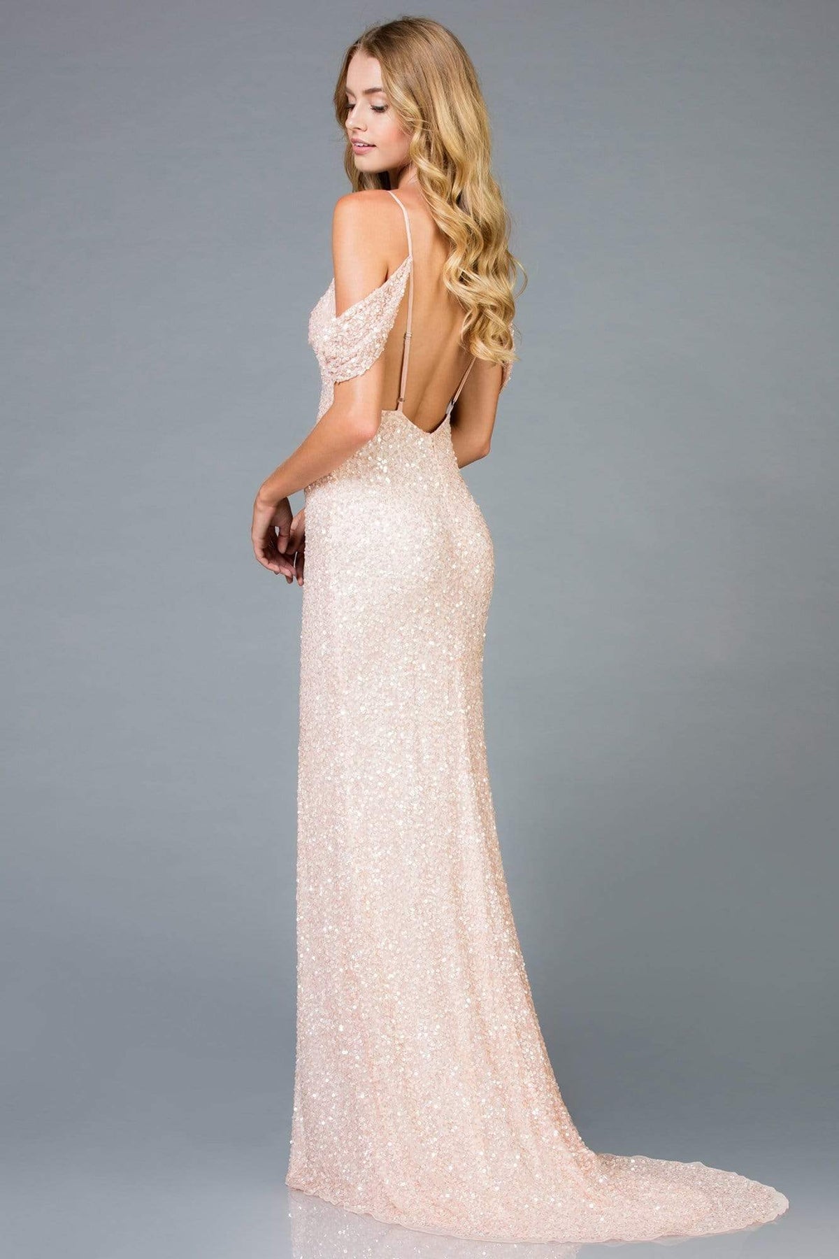 Scala - 48979 Full Sequin Sexy Sheath Gown with Drape Shoulder Sleeves Special Occasion Dress