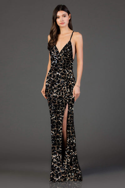 SCALA - 60073 Sequined Plunging V-neck Sheath Dress Special Occasion Dress 00 / Leopard