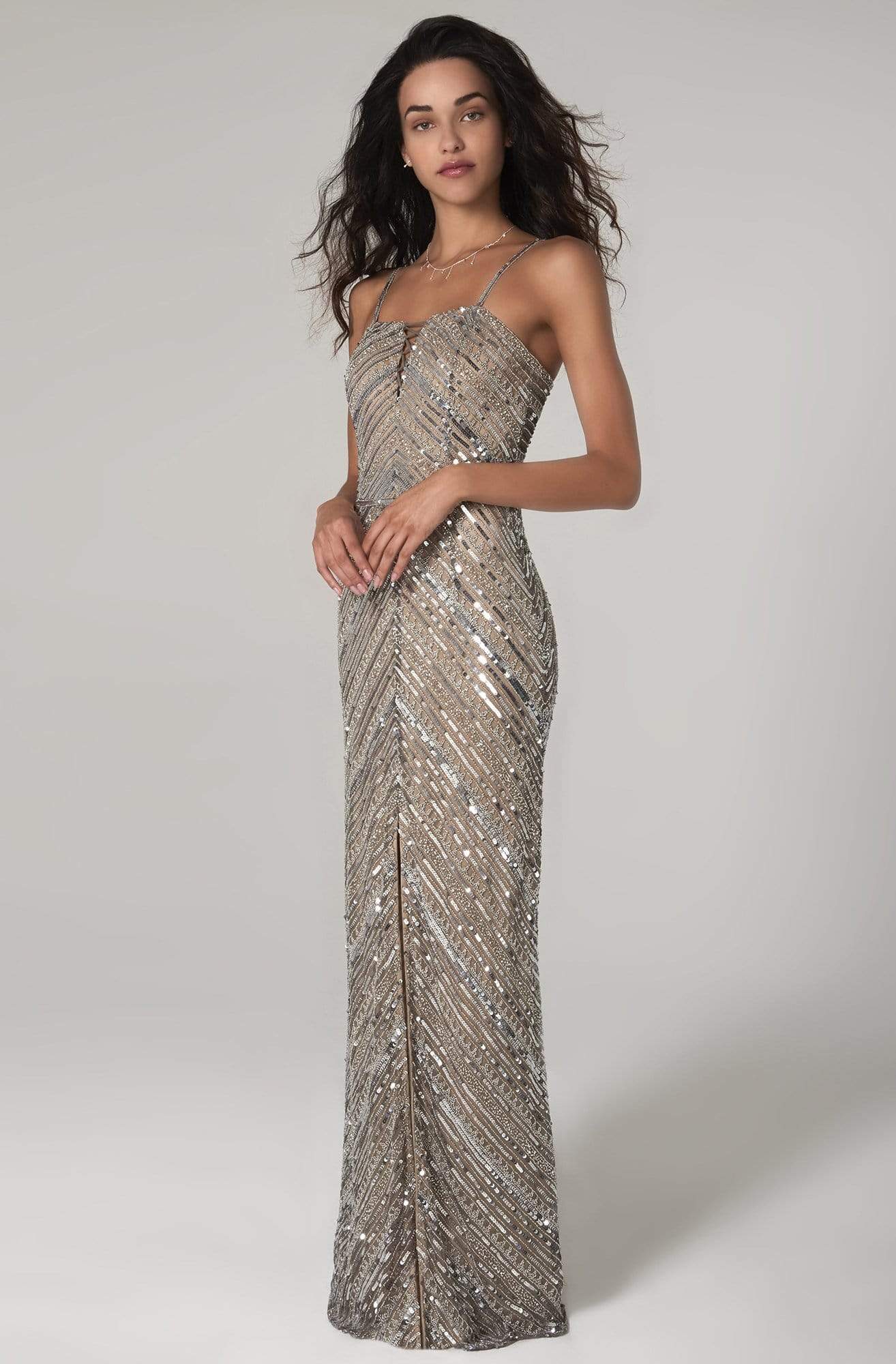 SCALA - 60091 Straight Across Sequined Long Dress Prom Dresses 00 / Lead/Silver