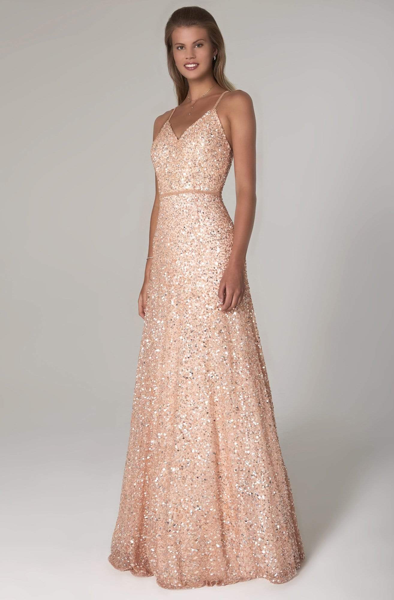 SCALA - 60109 Embellished V-neck A-line Dress Prom Dresses 00 / Blush