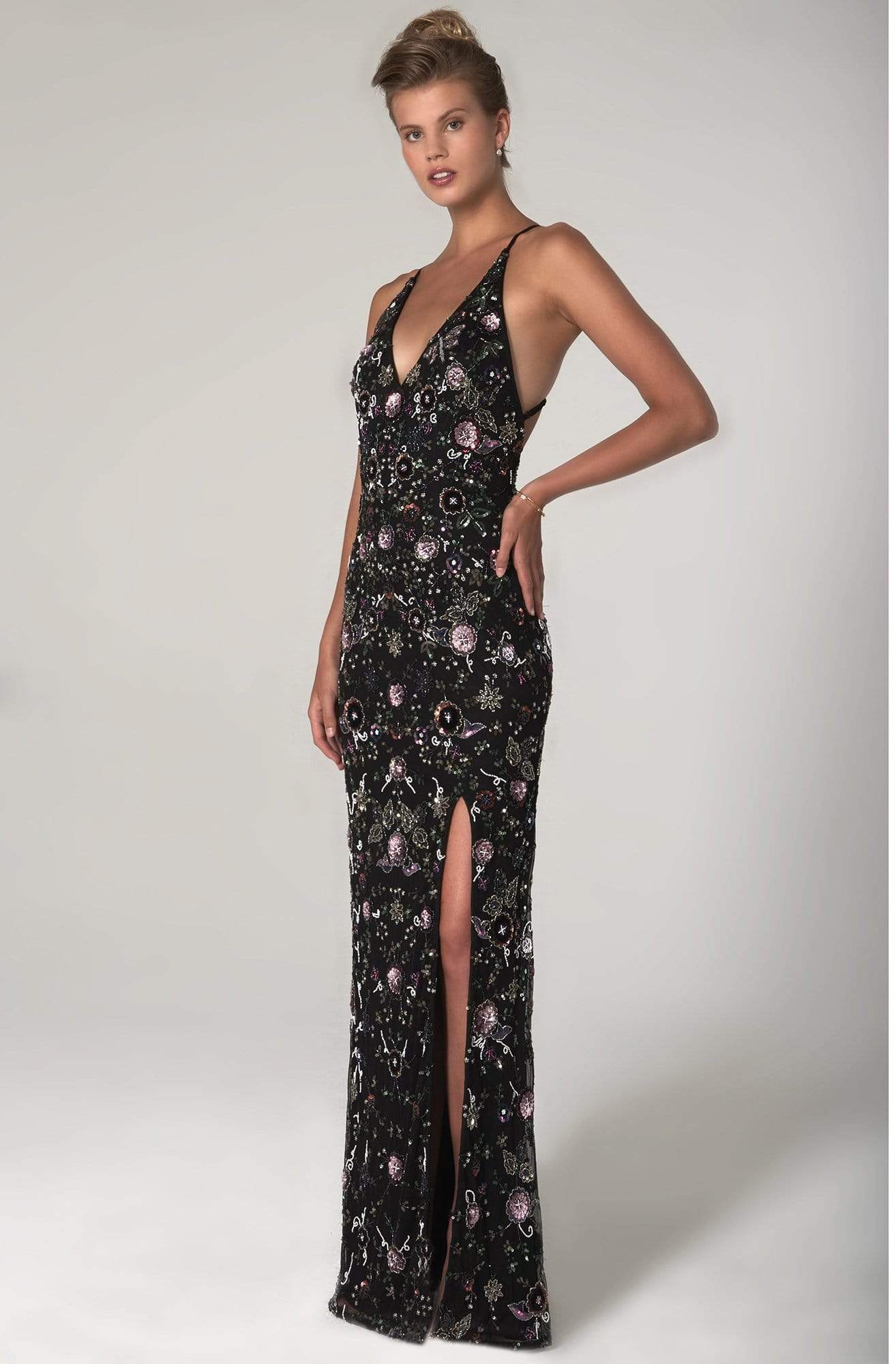 SCALA - 60129 Floral V-Neck Column Dress Prom Dresses 00 / Black