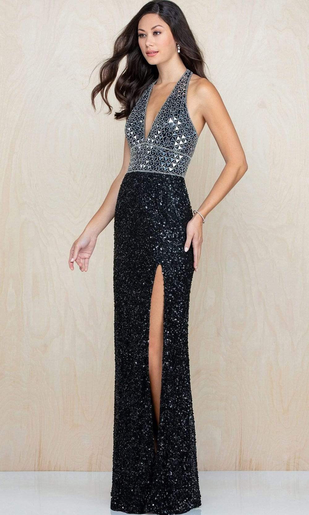Scala - 60224 Sequin Ornate High Slit Gown In Black