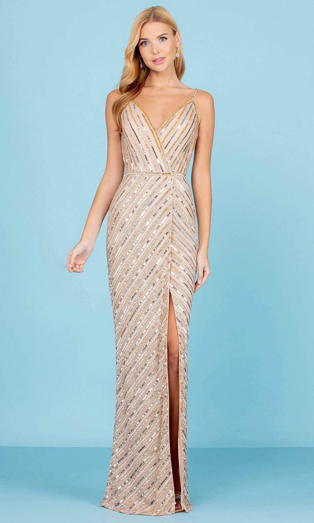 SCALA - 60258 Striped Sequin V-Neck Gown Special Occasion Dress 00 / Champagne