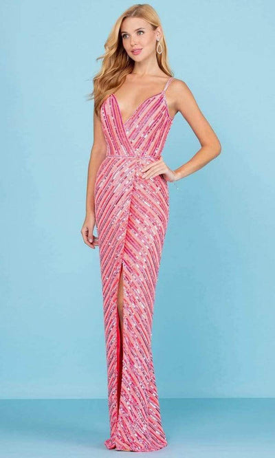 SCALA - 60258 Striped Sequin V-Neck Gown Special Occasion Dress 00 / Hot Pink