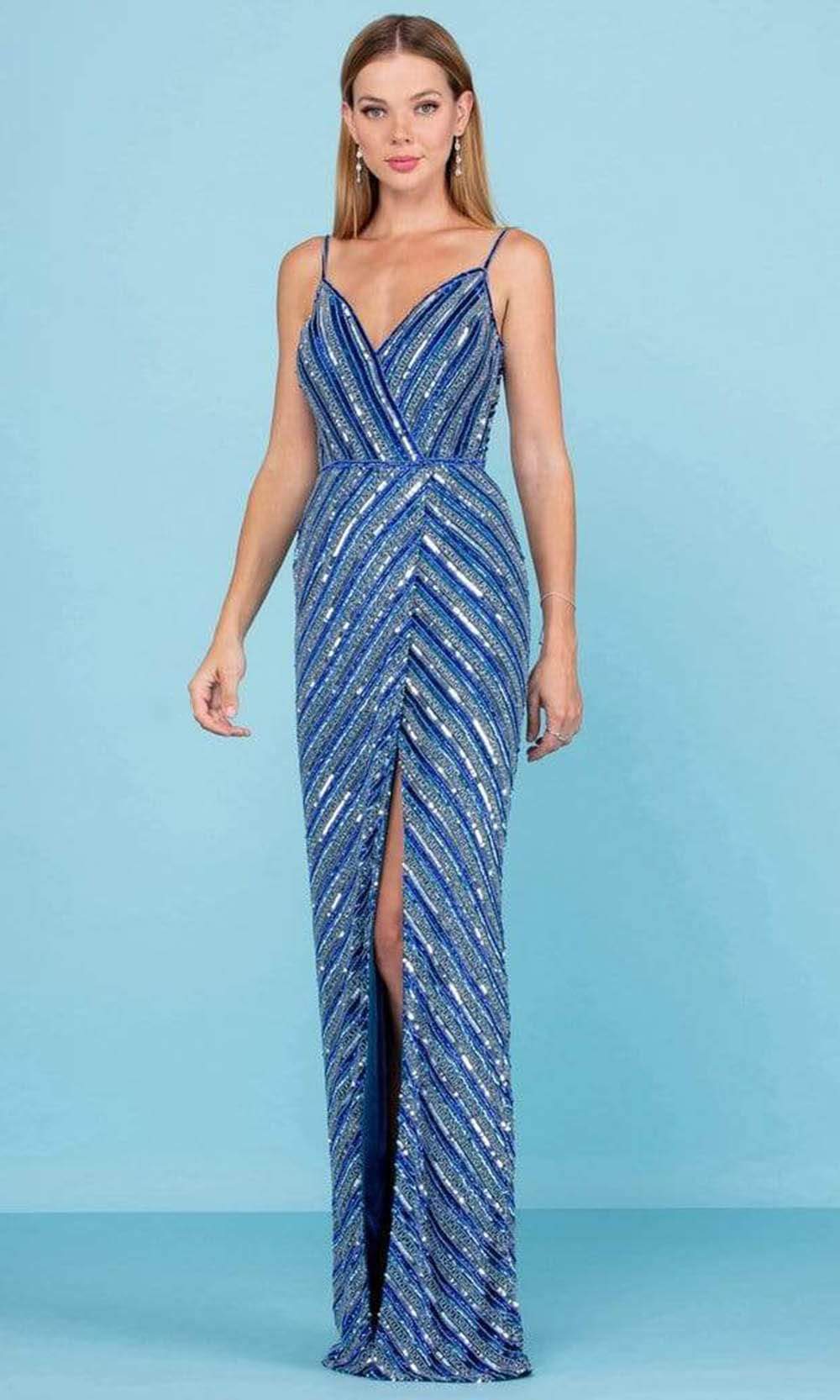 SCALA - 60258 Striped Sequin V-Neck Gown Special Occasion Dress 00 / Sapphire