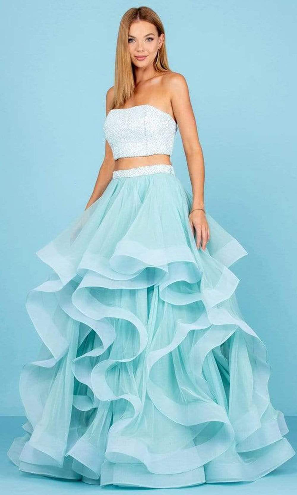 SCALA - 60268 Strapless Two Piece Gown Special Occasion Dress 00 / Turq/Ivory