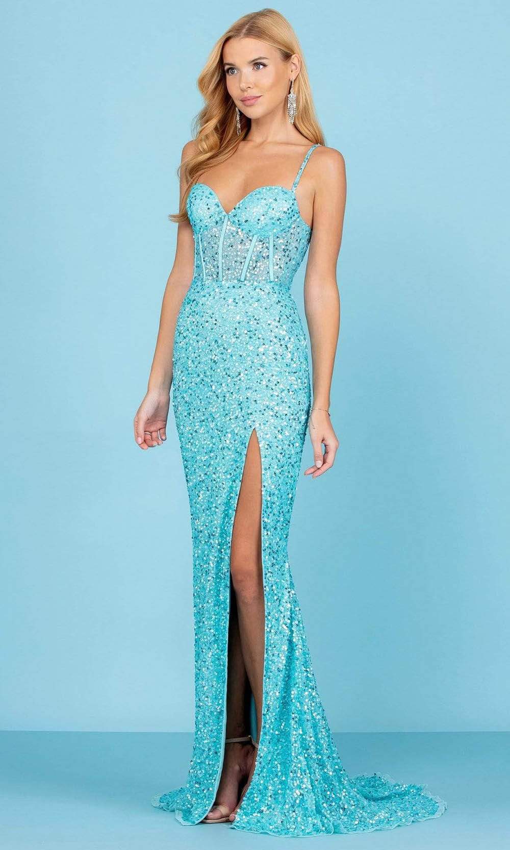 SCALA - 60284 Sequined Corset High Slit Gown Prom Dresses 00 / Turquoise