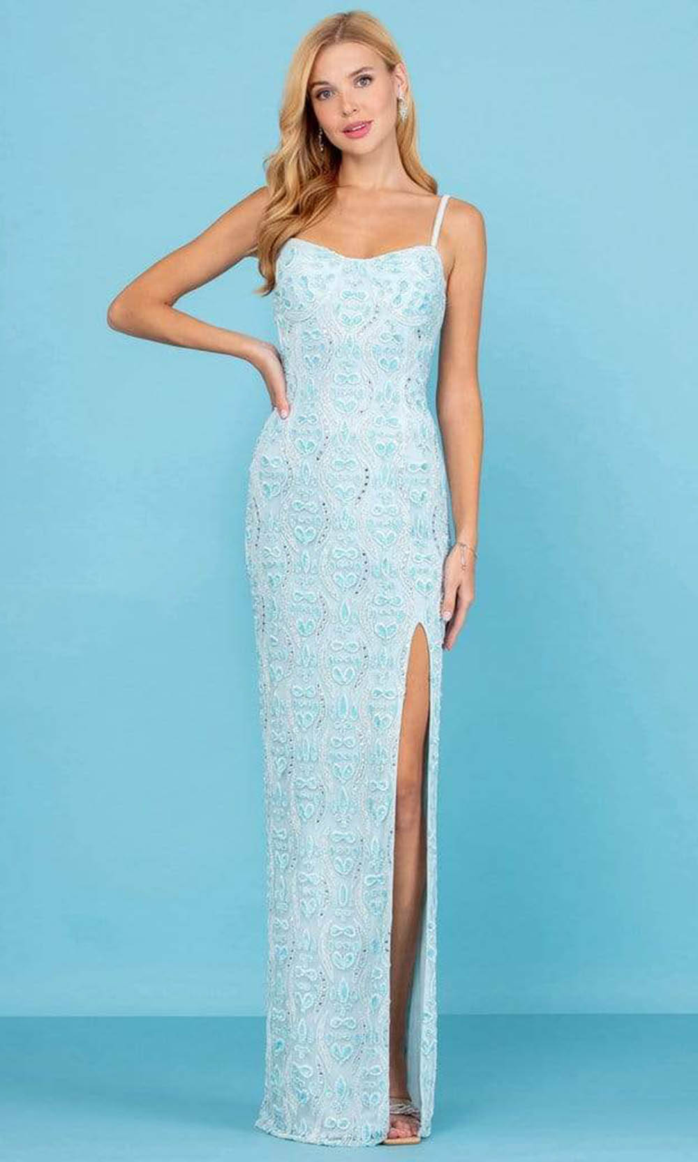 SCALA - 60286 Scoop Beaded Sheath Gown Special Occasion Dress 00 / Sky/Silver