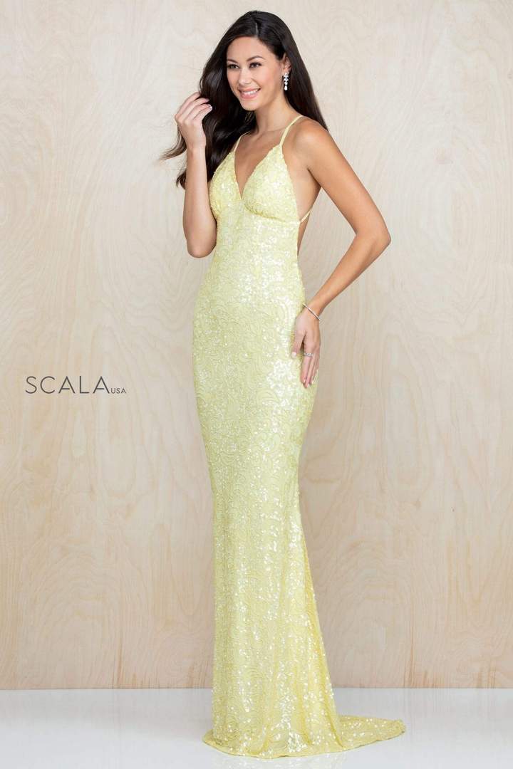 SCALA - Beaded Sleeveless Fitted Evening Dress 47542 CCSALE 00 / Banana