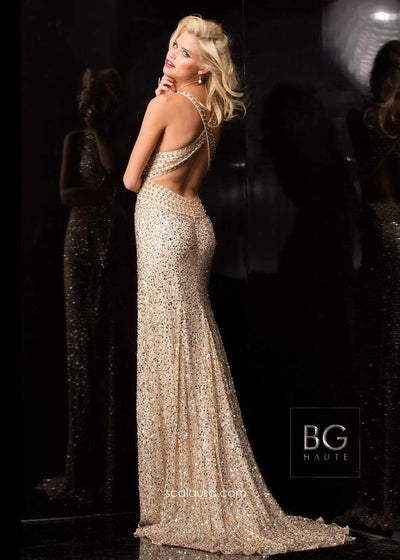 SCALA - Bedazzled Deep V-Neck Sheath Dress E01017 CCSALE 14 / Champagne