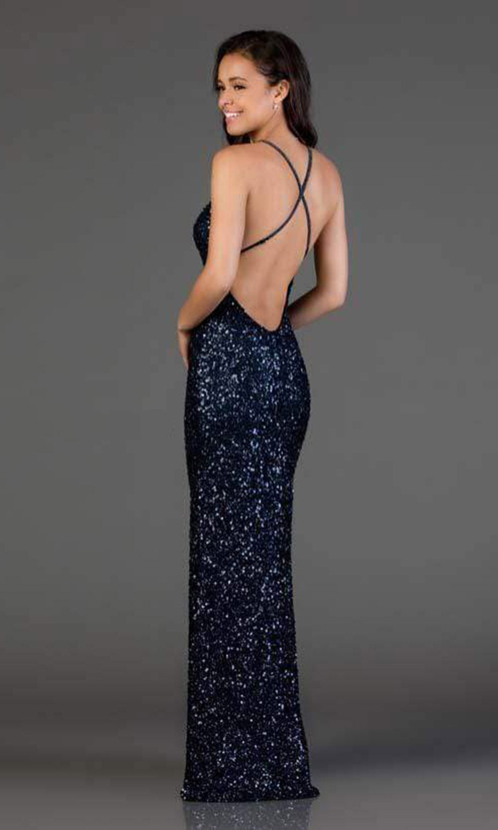 SCALA - Sequined Plunging Halter V-neck Sheath Dress 48949 CCSALE 14 / Midnight Blue