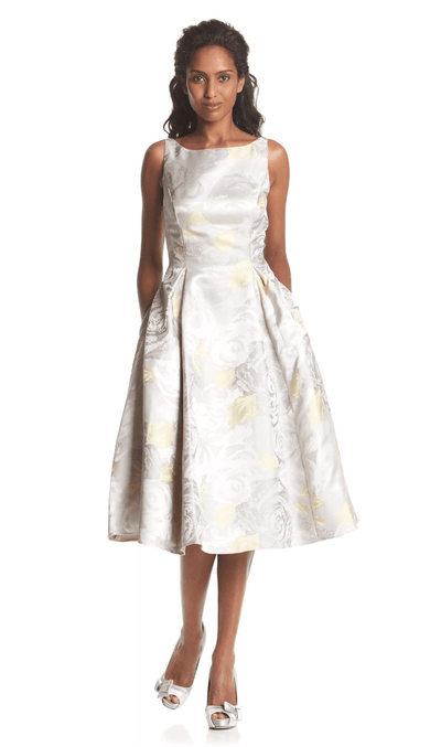 Adrianna Papell - 41889270 Tea-Length Jacquard Floral Print Dress in Silver and Floral