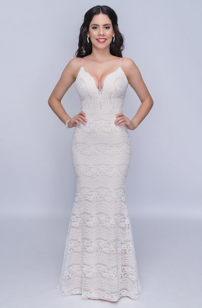 Nina Canacci - 4190 Plunging V Neck Lace Mermaid Dress In White And Nude