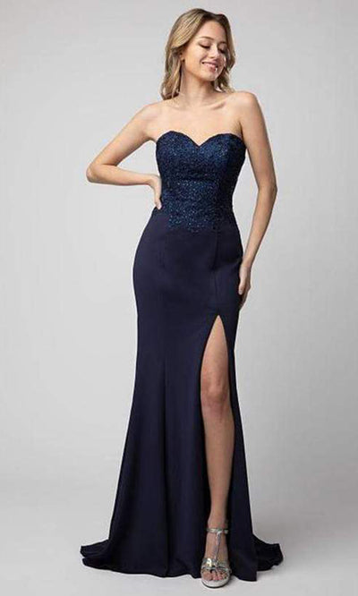 Shail K - Embellished Sweetheart Trumpet Gown with Slit In Blue