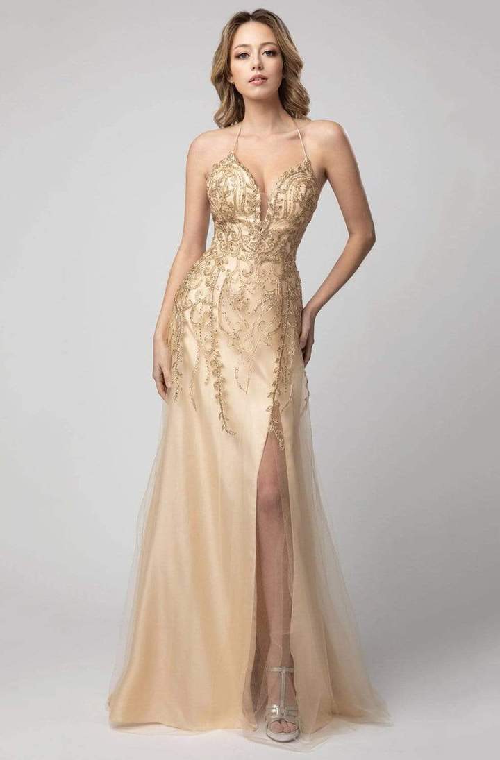 Shail K - 936SC Deep Neckline Embellished A-line Gown
