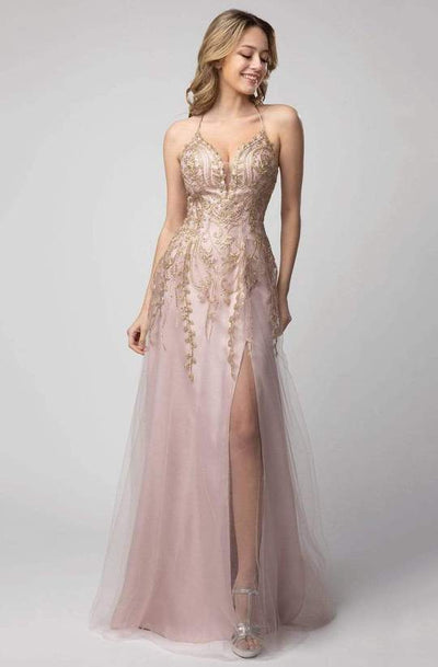 Shail K - 936SC Deep Neckline Embellished A-line Gown In Pink and Purple