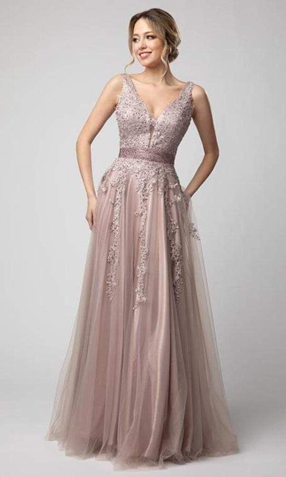 Shail K - 950SC V Neck Gorgeous Tulle A-line Dress In Purple and Neutral