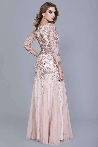 Shail K - Bejeweled Long Sleeve V-neck A-line Dress 12162 - 1 pc Rose In Size 6 Available CCSALE 6 / Rose